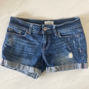 AÉROPOSTALE vintage dark-blue-wash denim shorts, leather label, size 00